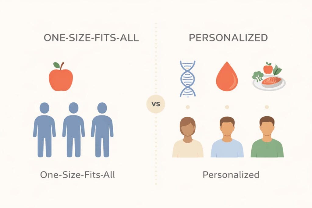 A diagram comparing a One Size Fits All approach represented by an apple and 3 generic people. Vs a personalized approach where there are 3 different people and icons for genetics, blood and food.