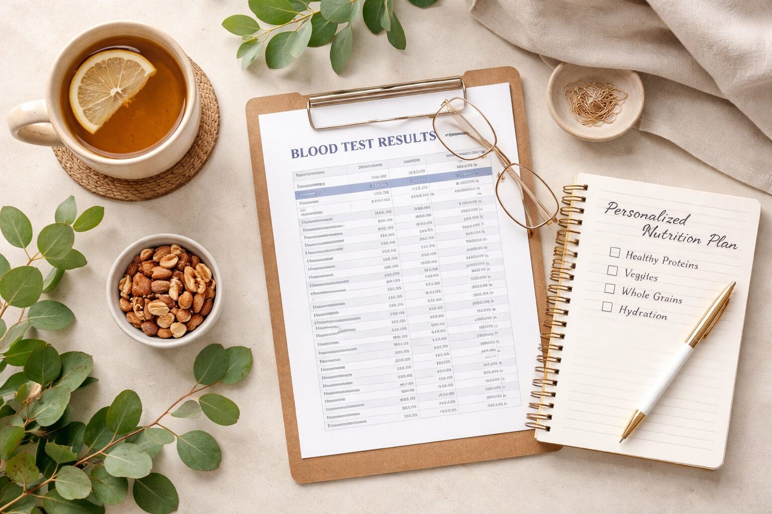 An AI generated image of a desk with a clipboard of bloodwork results on it and a notepad noting down health goals. On the outside there is plants and a coffee.